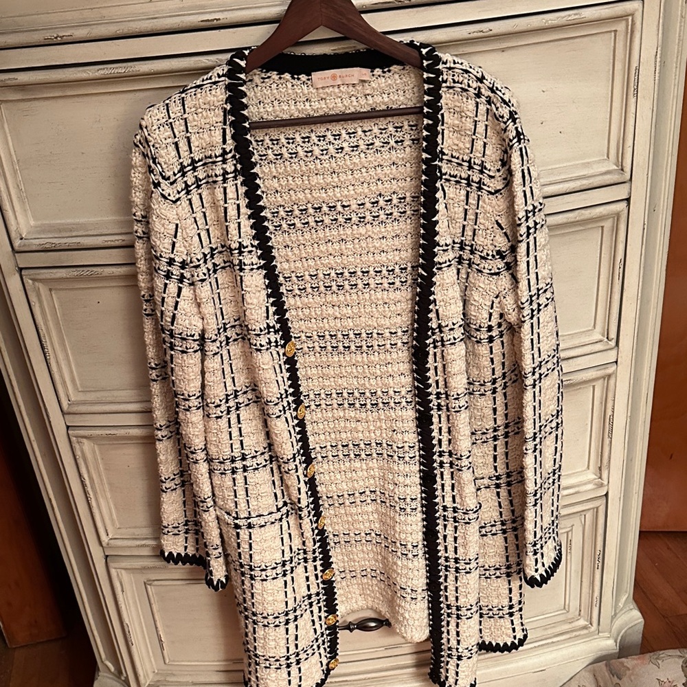 Tory Burch Kendra tweed cardigan in a black and cream